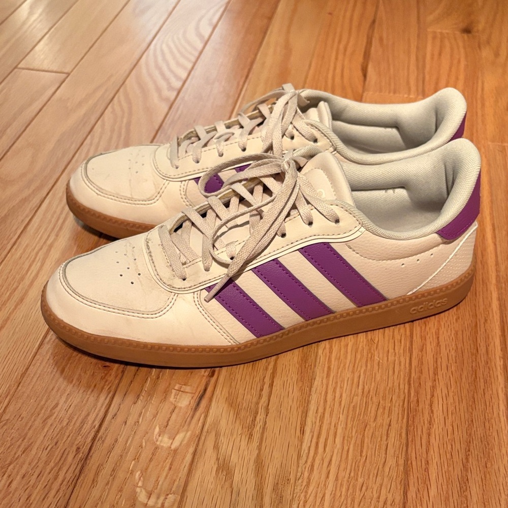 Adidas Cream Sneakers with Purple Accents